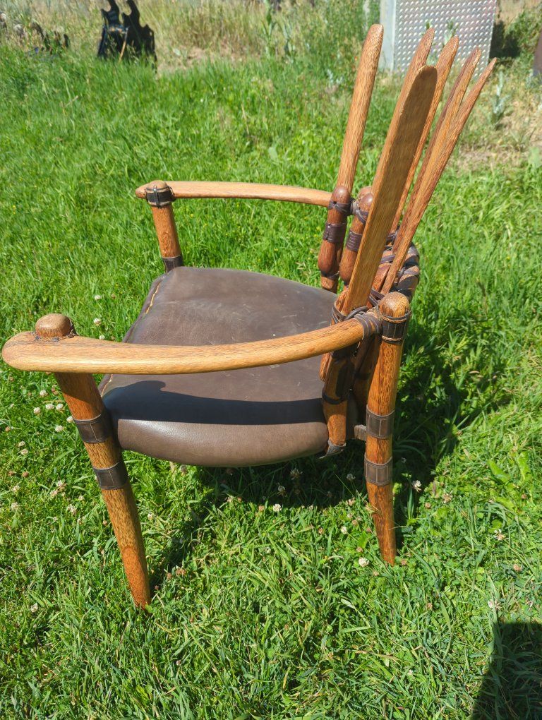 Vintage Handcrafted Wooden Spindle Chair w/ Leather Seat - Rustic Accent Furniture