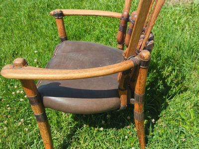 Vintage Handcrafted Wooden Spindle Chair w/ Leather Seat - Rustic Accent Furniture