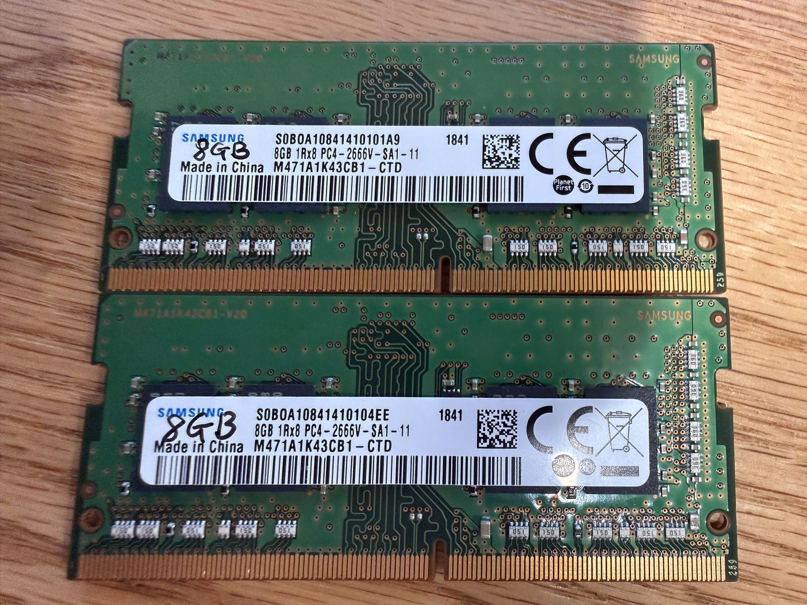 Two pieces of Laptop RAM: Samsung 8GB 1Rx8 PC4-2666V DDR4 SO-DIMM