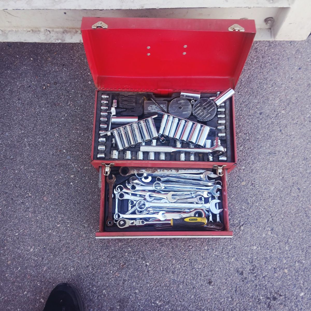 Vintage Red Metal Toolbox with Complete Socket and Wrench Set - Mechanics Tool Kit