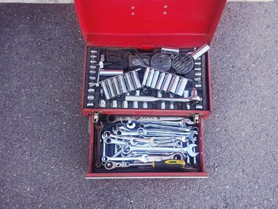 Vintage Red Metal Toolbox with Complete Socket and Wrench Set - Mechanics Tool Kit