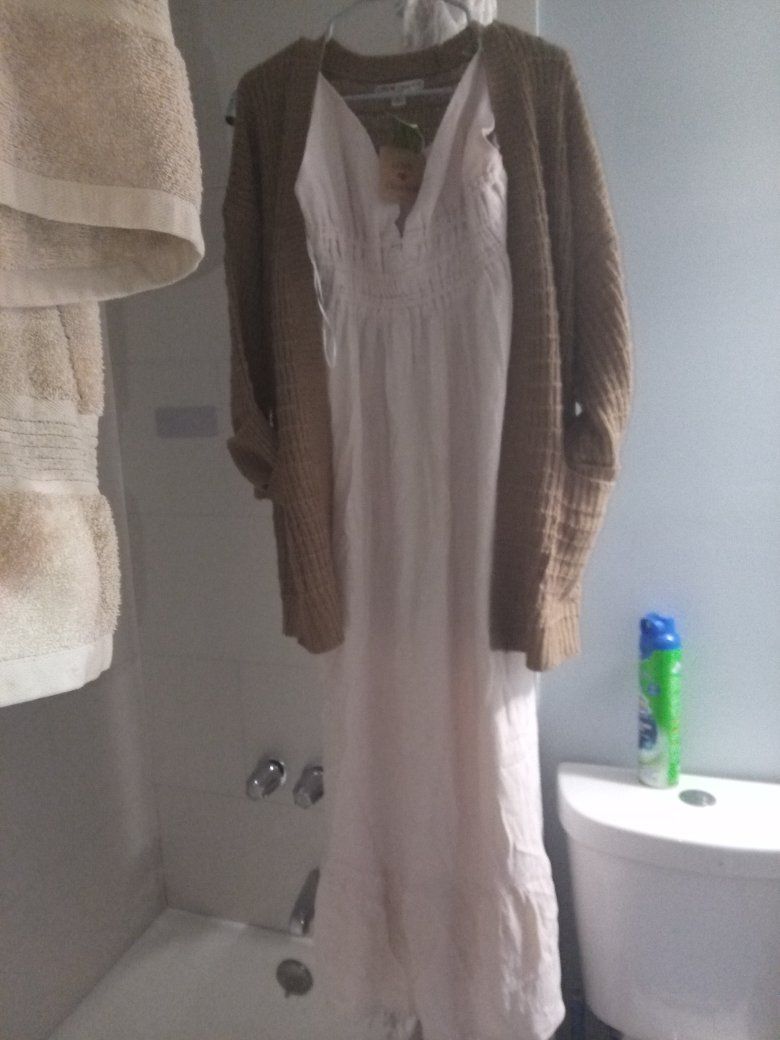 Cute Beige Maxi Dress with Brown Cardigan - Size M/L, Boho Style