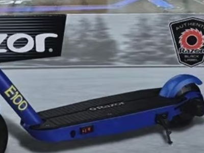 Brand new Razor Black Label E100 Electric Scooter – Blue, up to 10 mph, 8" Pneumatic Front Tire.