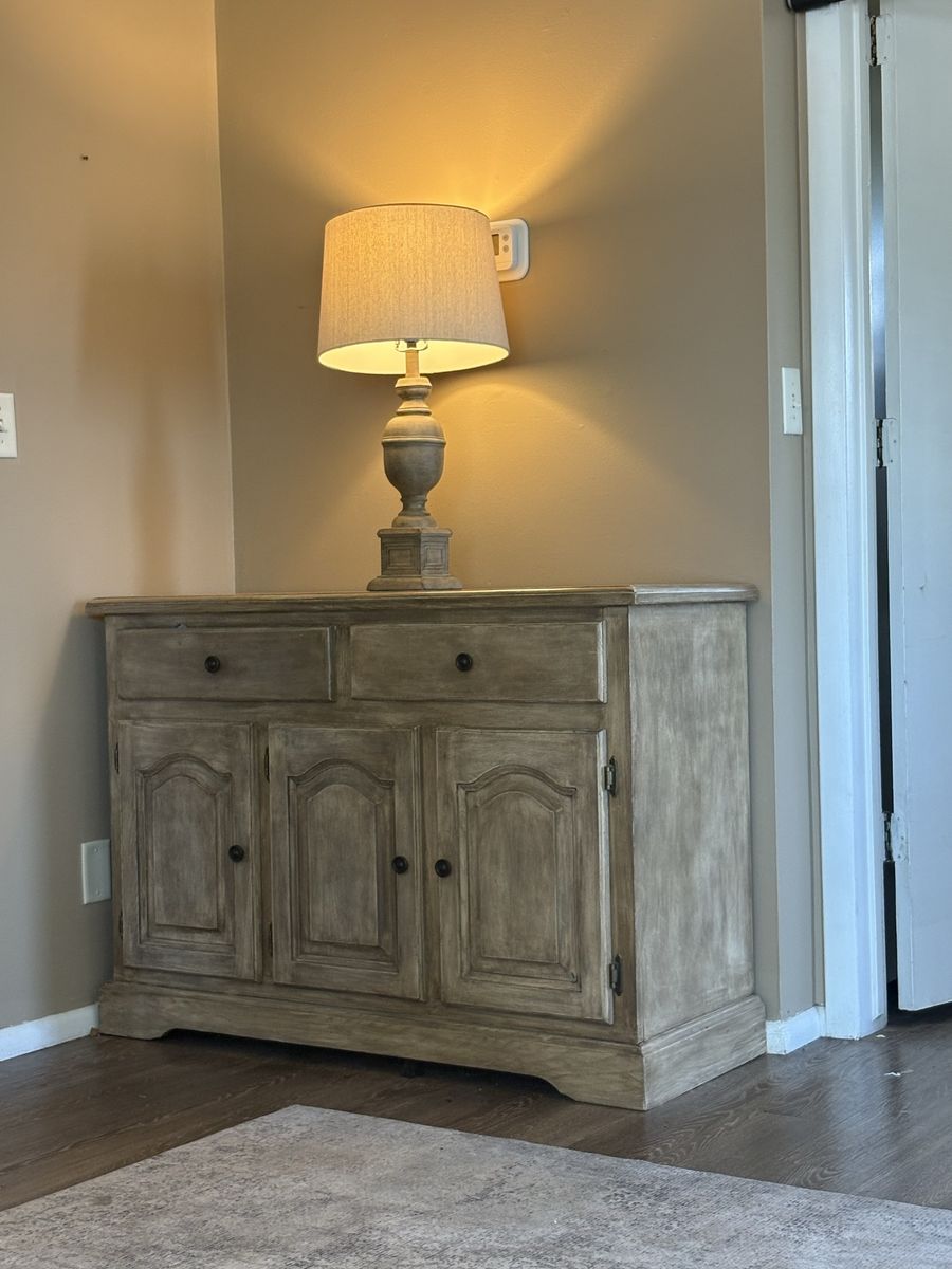 Rustic Farmhouse Style Gray Washed Wood Buffet Cabinet with Drawers and Doors