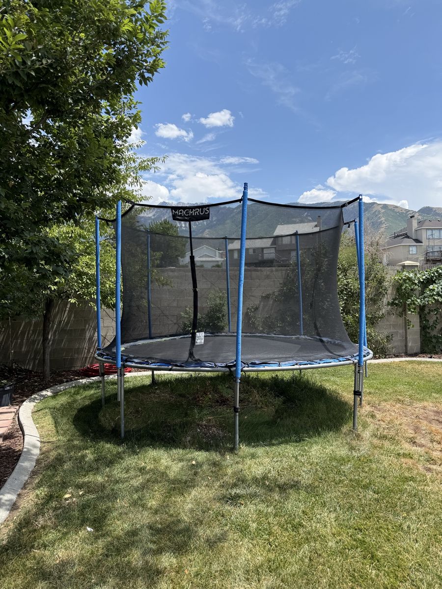 Machrus 12ft Round Trampoline with Safety Enclosure Net - Used, Good Condition