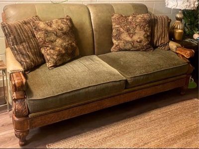 Ornate Wood Carved Green Velvet and Upholstered Couch and Armchair Set. Cash Only Please.