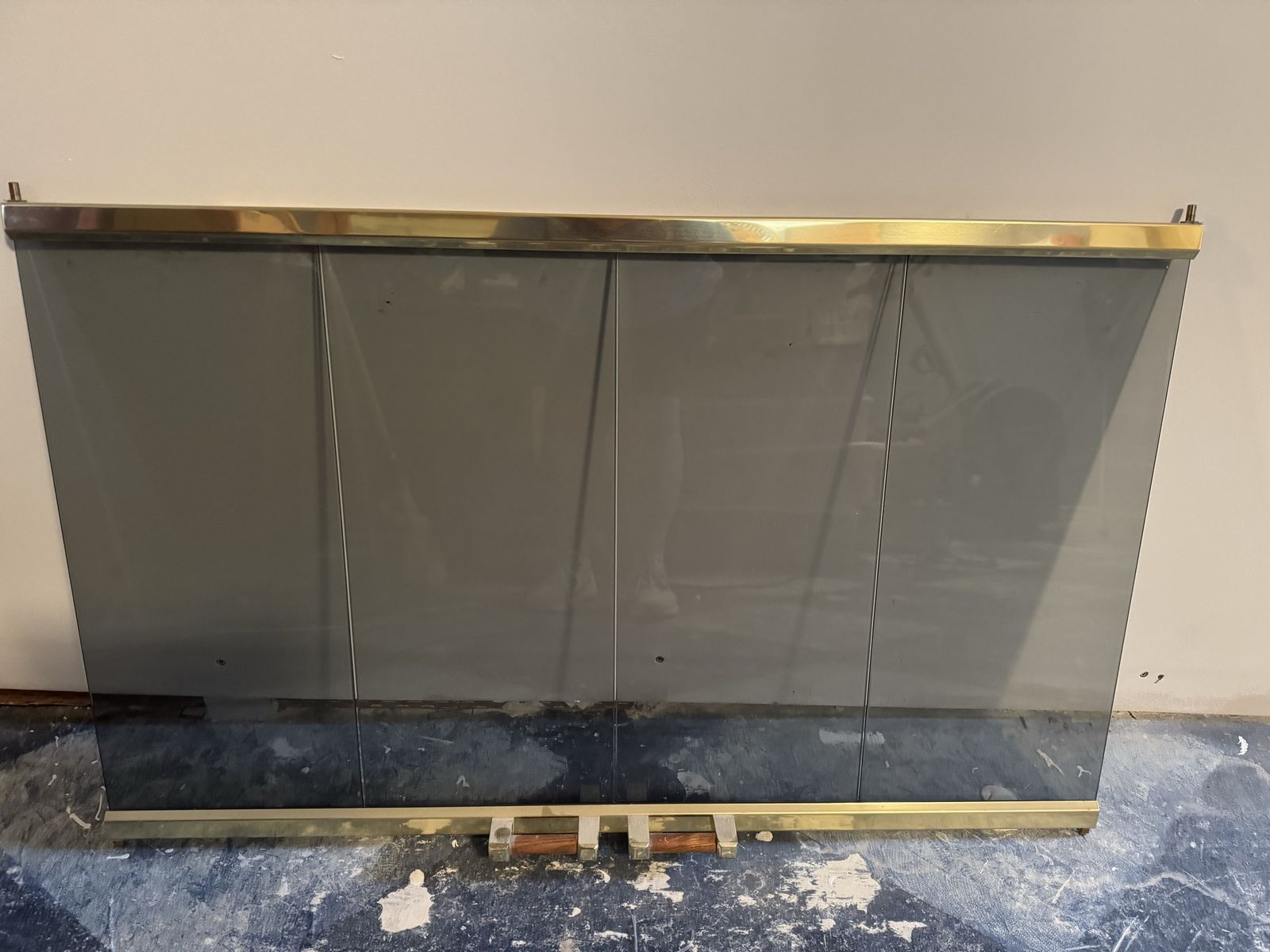 Brass Fireplace Screen with Smoked Glass Doors - Vintage Fireplace Insert Cover