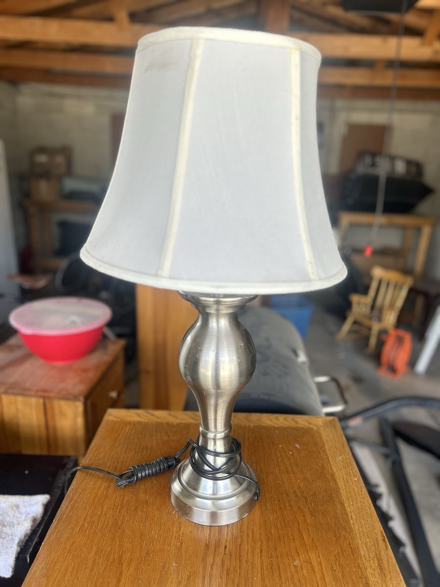 Silver Accent Lamp with White Fabric Shade