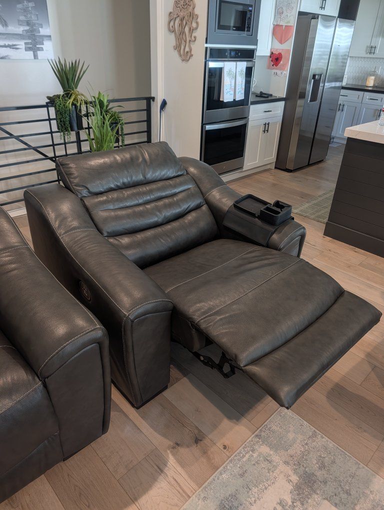 Luxurious Power Reclining Sofa Set - 2 Gray Leather Recliners with USB & Cupholders