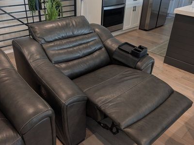Luxurious Power Reclining Sofa Set - 2 Gray Leather Recliners with USB & Cupholders