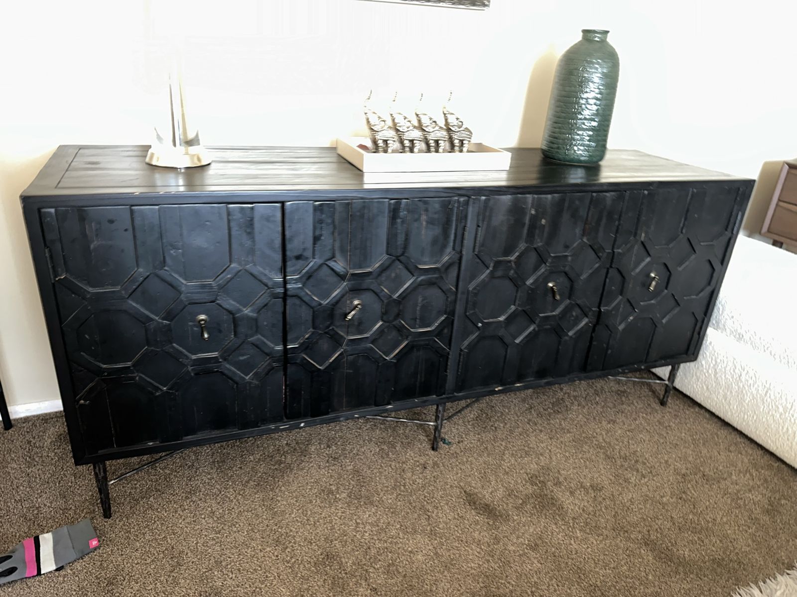 Black Carved Wood Console Cabinet with Metal Base - 4-Door Storage