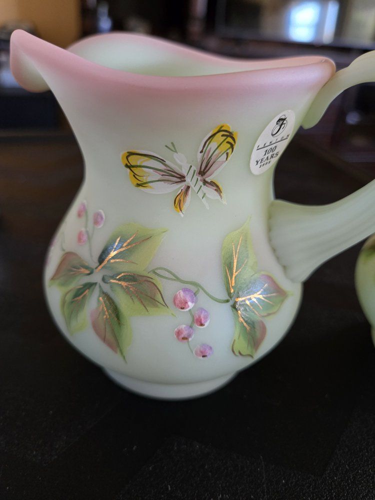 Pair of Fenton Lotus Mist Burmese Glass Creamers - Hand-Painted Berry & Butterfly - Mint Condition Same artist on both