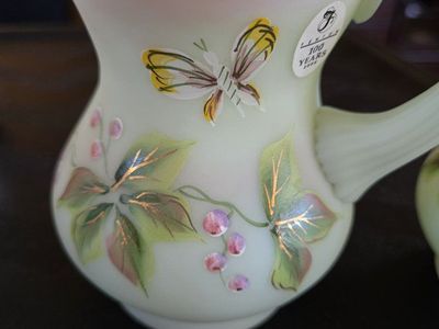 Pair of Fenton Lotus Mist Burmese Glass Creamers - Hand-Painted Berry & Butterfly - Mint Condition Same artist on both