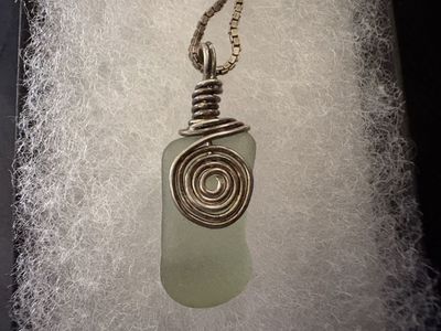 Sea Glass Pendant w/ Silver Swirl on Silver Tone Box Chain Necklace