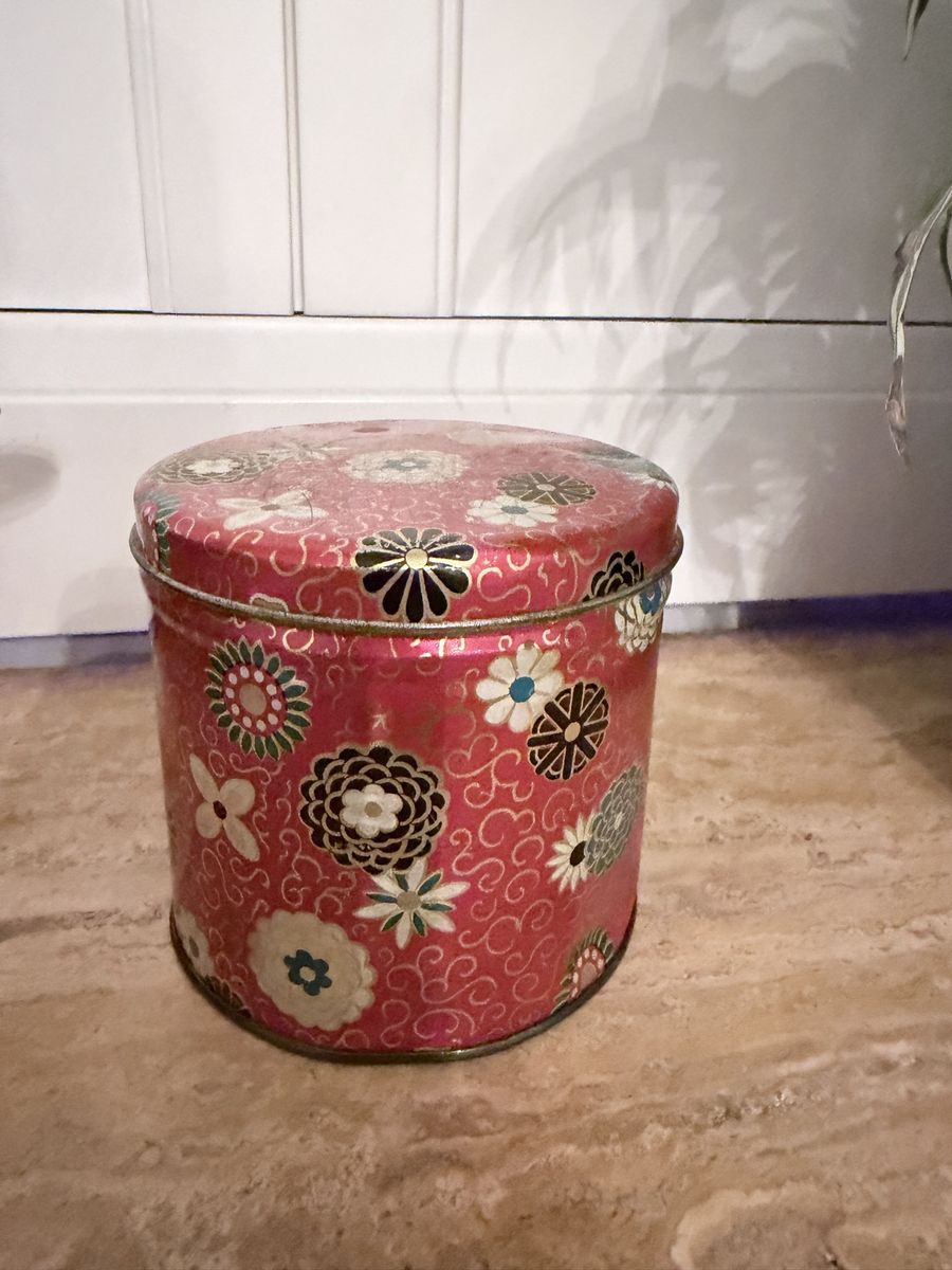 Vintage Japanese Floral Pattern Tin Container - Decorative Storage