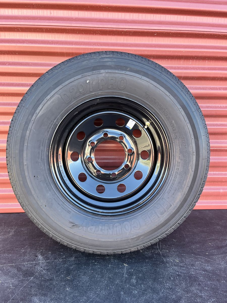 New Free Country ST 235/80 R 16 Trailer Tire Mounted on New Black Mod Wheel Heavy Duty 10 Ply E Load  8 Lug Pattern