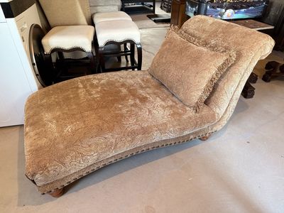 Brown Paisley Chaise Lounge with Nailhead Trim & Wood Legs & Matching Pillow