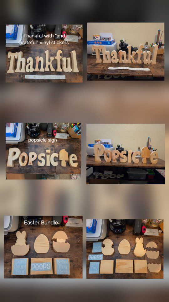 Wooden Home Decor Lot: Pine Tree Set, Pumpkin Set, Basket, Grocery Bag Dispenser, Snowflakes and much more.