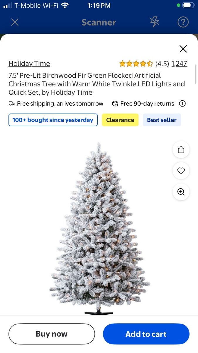 New Holiday Time 7.5' Pre-Lit Birchwood Fir Flocked Artificial Christmas Tree with Warm White LED Lights