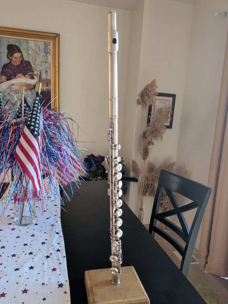 Used Silver Flute, it has a silver Head joint and a beautiful sound, clear notes and is a great beginner, intermediate flute.