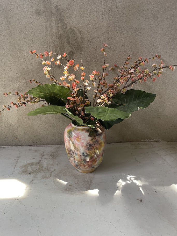 Hand-Painted Ceramic Vase with Artificial Floral Arrangement