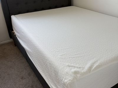 Queen Dark Gray Upholstered Tufted Headboard Bed Frame with memory foam Mattress