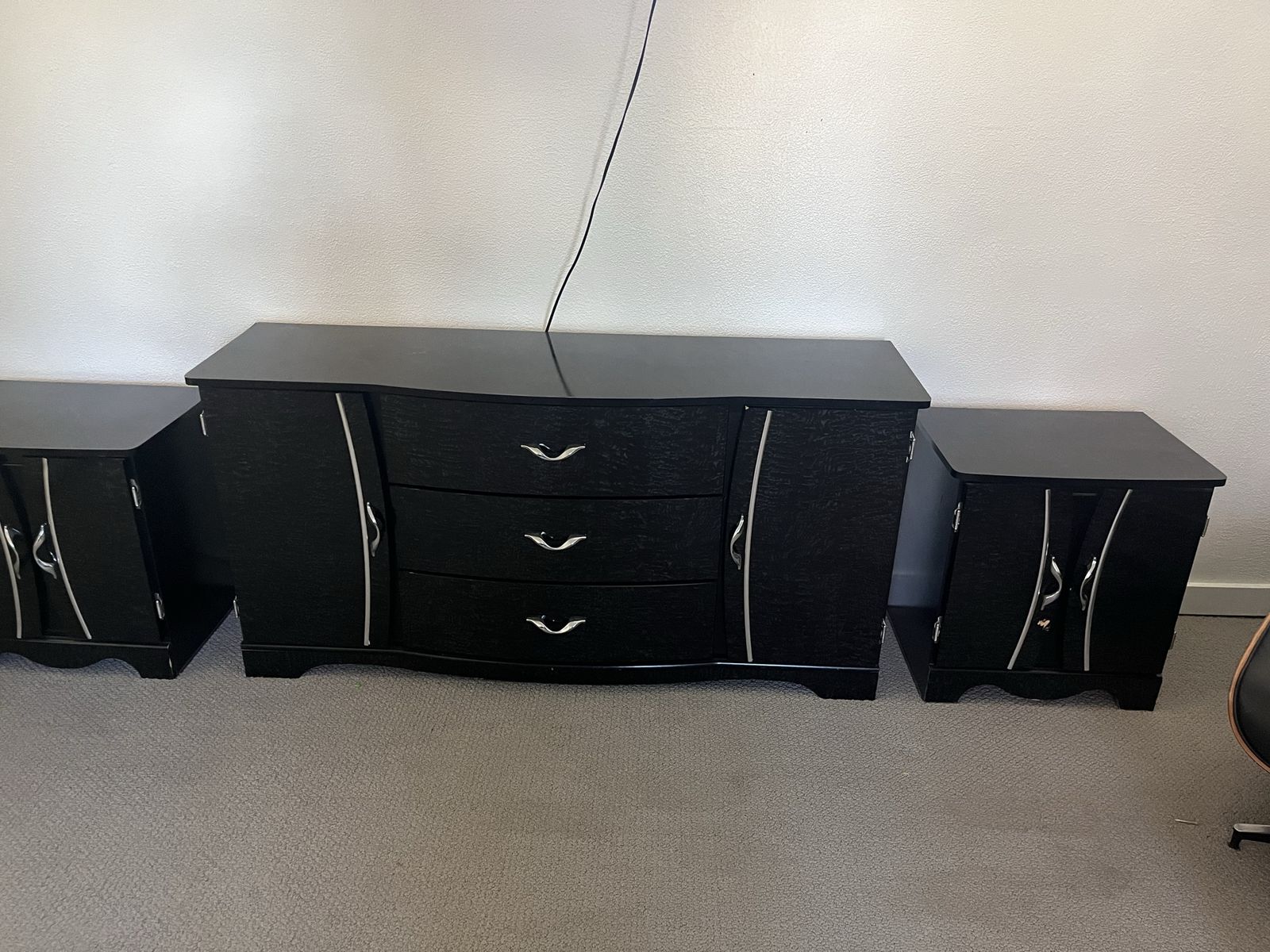 Black Dresser with 3 Drawers and 2 Matching Nightstands - Contemporary Style Bedroom Set