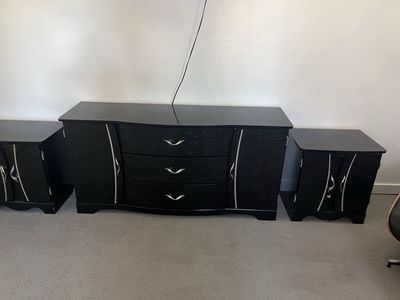 Black Dresser with 3 Drawers and 2 Matching Nightstands - Contemporary Style Bedroom Set
