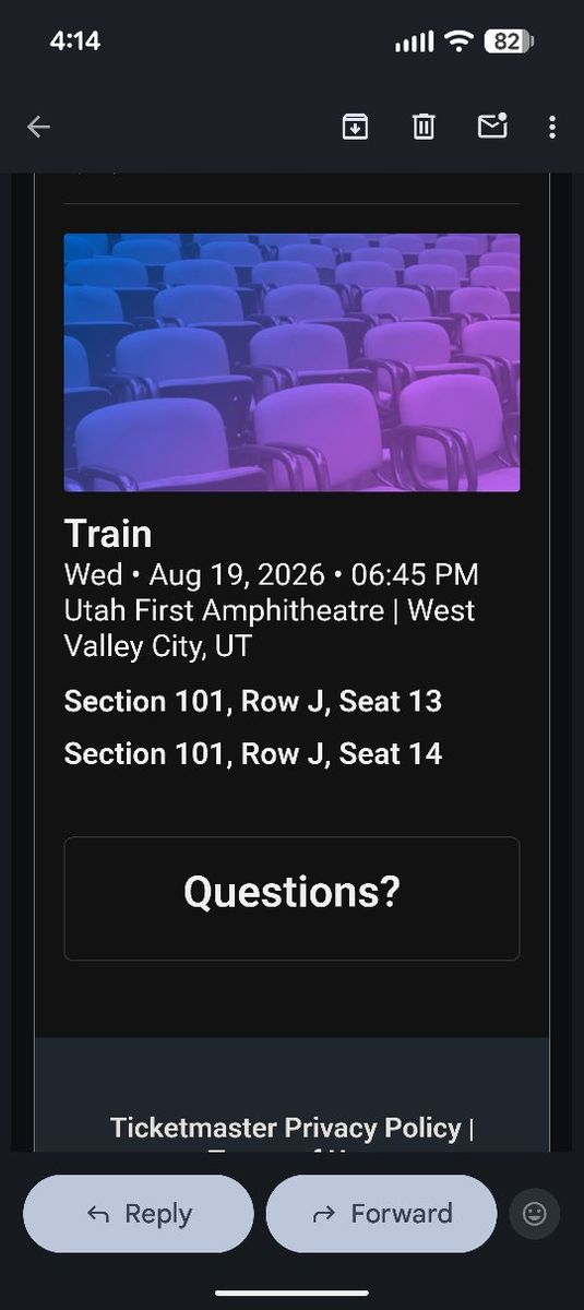 Train Concert Tickets - Wed, Aug 19, 2026 - Section 101, Row J (2 Tickets)