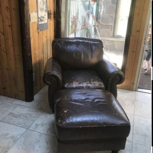 Used Dark Brown Leather Couch, Loveseat, & Chair with Ottoman Set - Nailhead Trim, Comfortable Seating