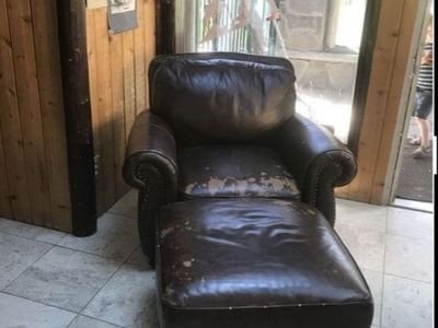 Used Dark Brown Leather Couch, Loveseat, & Chair with Ottoman Set - Nailhead Trim, Comfortable Seating
