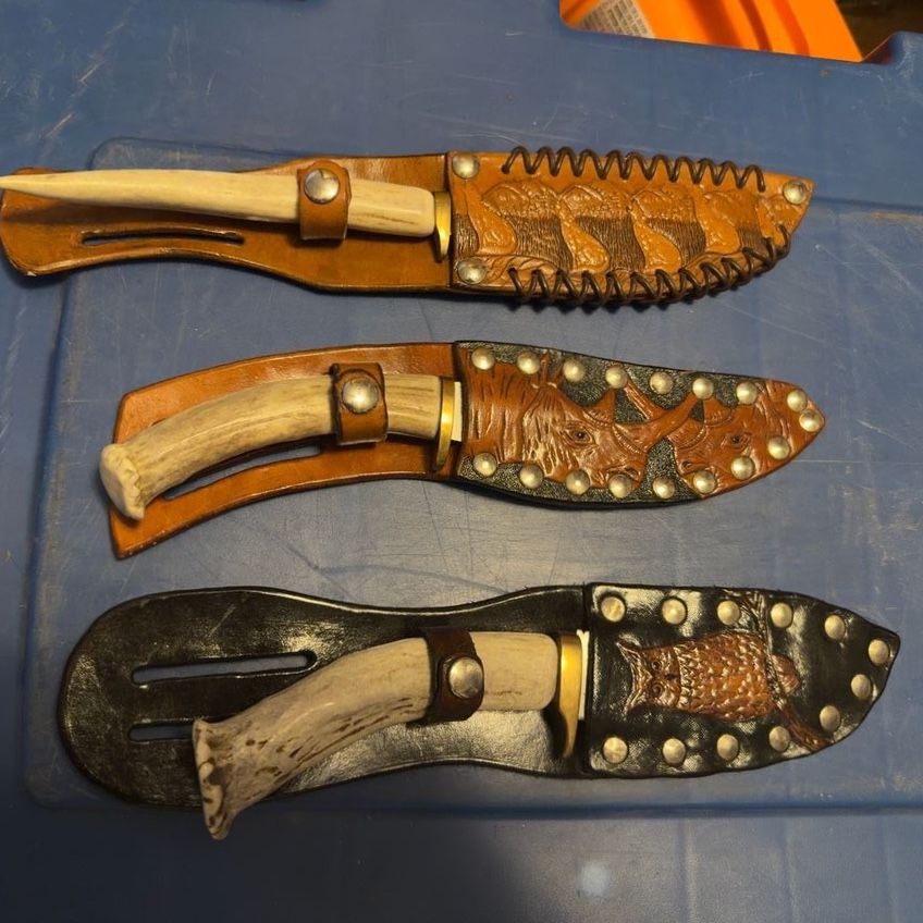 Custom Handcrafted Antler Handle Fixed Blade Knives with Tooled Leather Sheaths - Set of 3