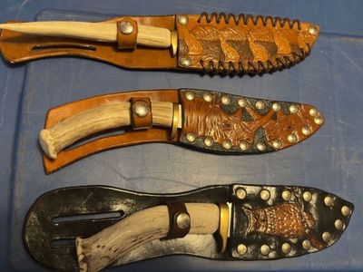 Custom Handcrafted Antler Handle Fixed Blade Knives with Tooled Leather Sheaths - Set of 3
