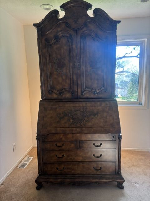 Vintage Secretary Desk Cabinet – Distressed Finish & Floral Details