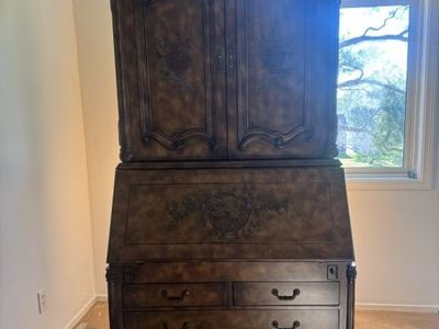 Vintage Secretary Desk Cabinet – Distressed Finish & Floral Details