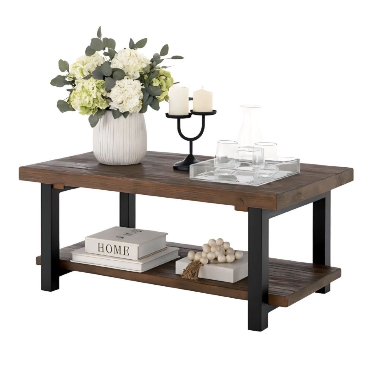 Rustic Coffee Table with Storage Shelf - 42-Inch Industrial Modern Metal and Solid Wood Living Room