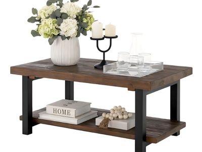 Rustic Coffee Table with Storage Shelf - 42-Inch Industrial Modern Metal and Solid Wood Living Room