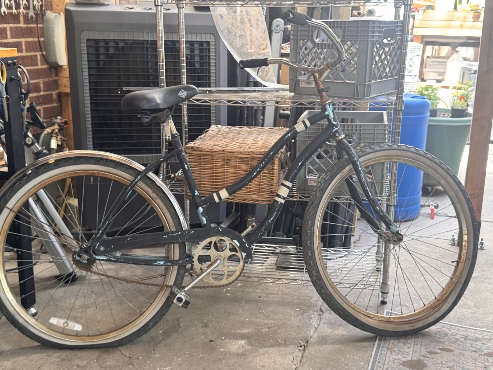Vintage Black Beach Cruiser Bicycle with Wicker Basket and White Wall Tires - Classic Style