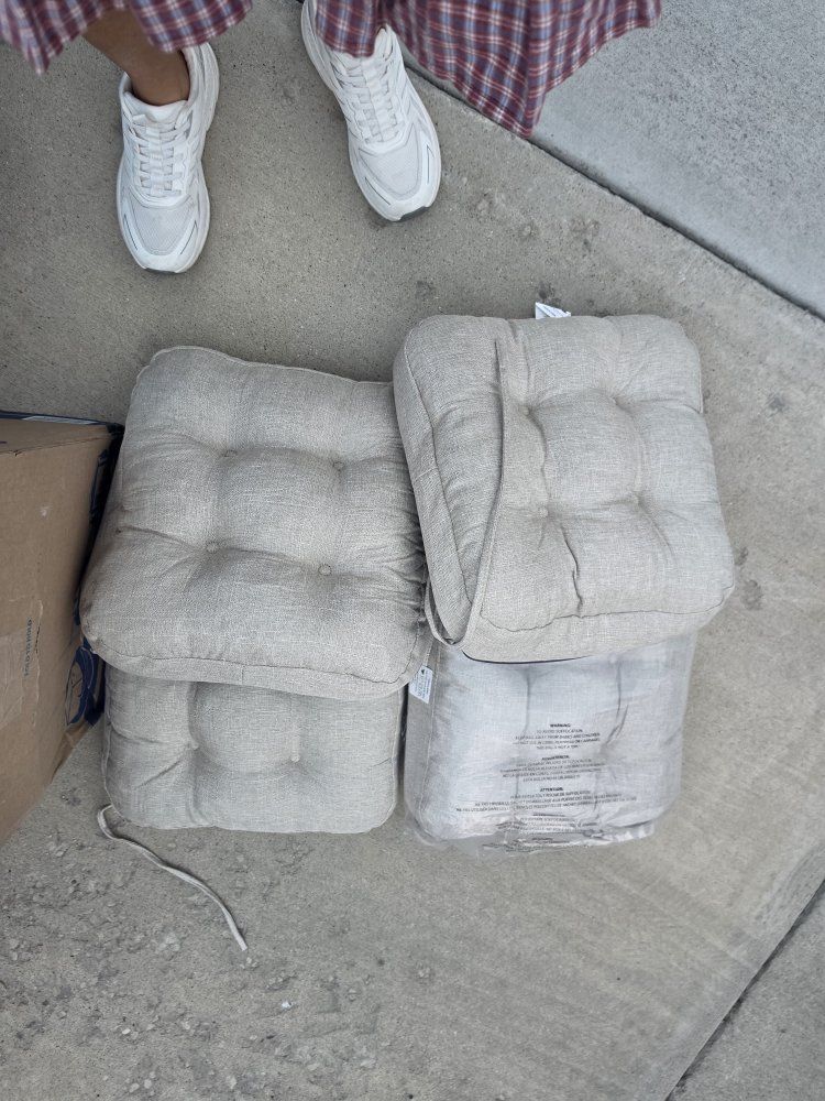 Set of Beige Tufted Chair Cushions with Nonslip Backing and Ties