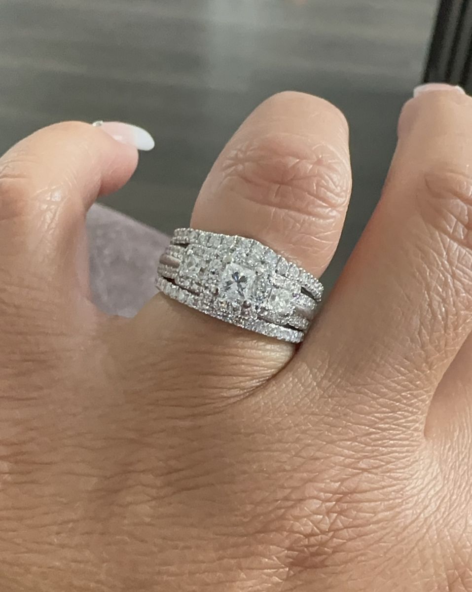 Authentic Vera Wang Love Collection 1.5 CTW Princess Cut 3-Stone Halo Bridal Set with Anniversary Band - 14K White Gold