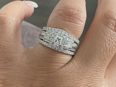 Authentic Vera Wang Love Collection 1.5 CTW Princess Cut 3-Stone Halo Bridal Set with Anniversary Band - 14K White Gold