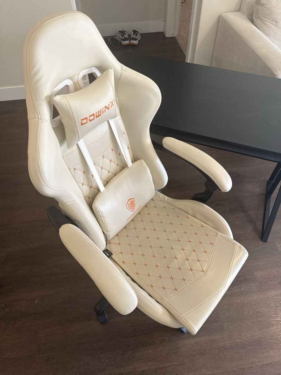 Dowinx Gaming Chair Cream White PU Leather Ergonomic Desk Chair with Lumbar Cushion