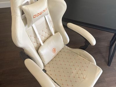 Dowinx Gaming Chair Cream White PU Leather Ergonomic Desk Chair with Lumbar Cushion