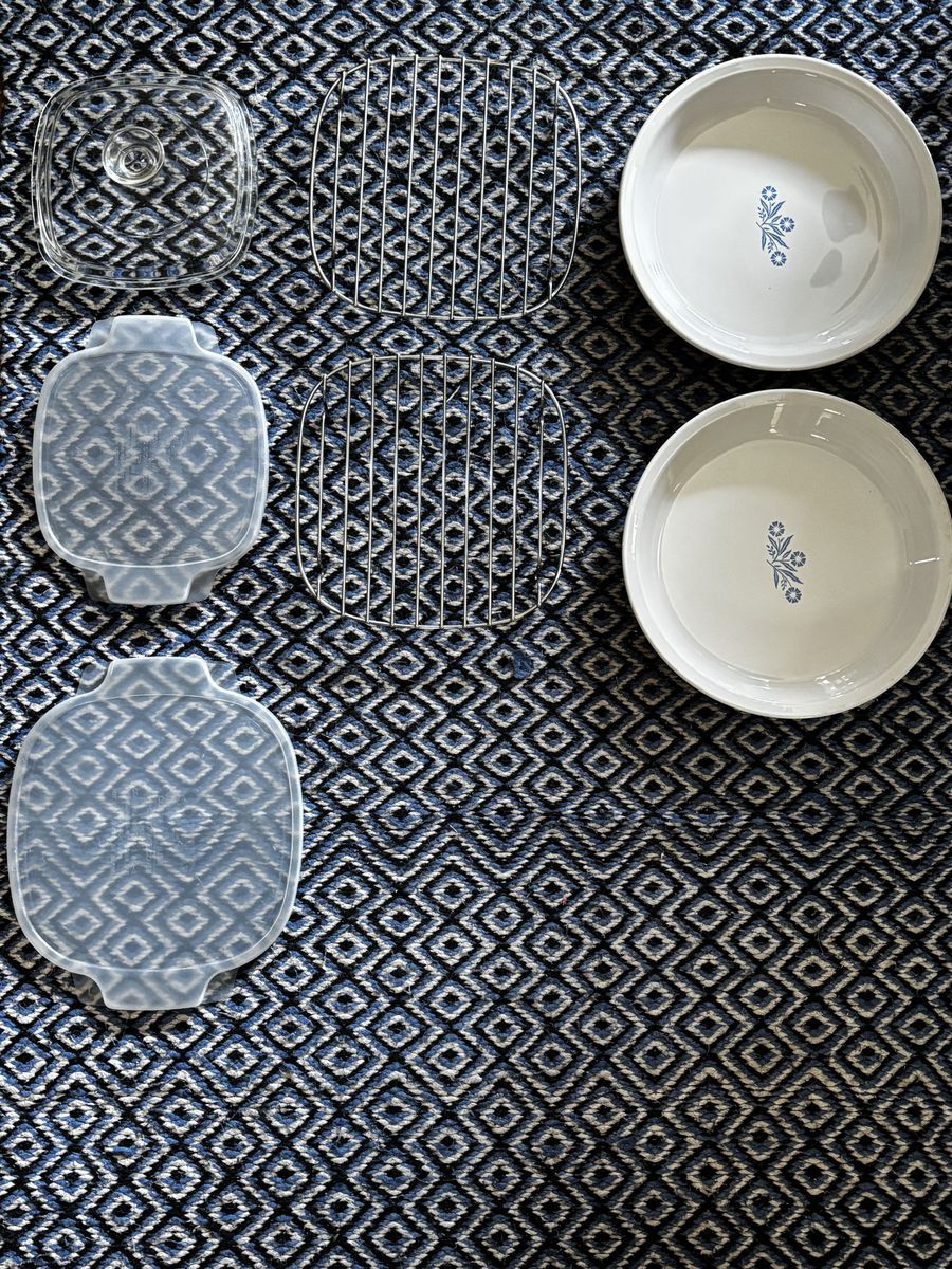 Vintage Corning Ware pie plates, trivets, replacement glass and plastic lids