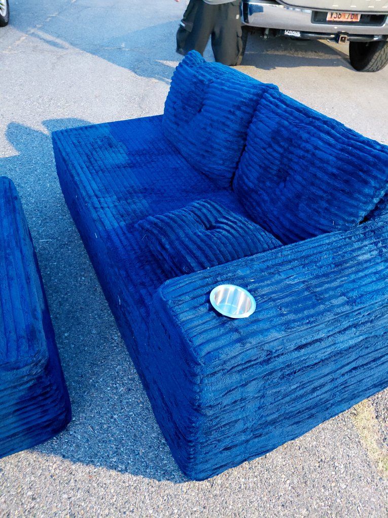 Blue Corduroy Fabric Sofa with Matching Ottoman and Cup Holder
