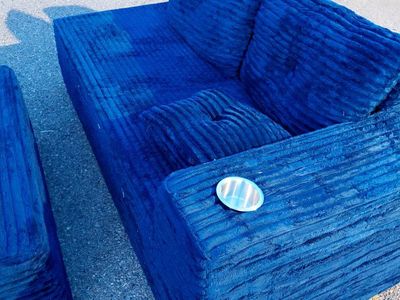 Blue Corduroy Fabric Sofa with Matching Ottoman and Cup Holder