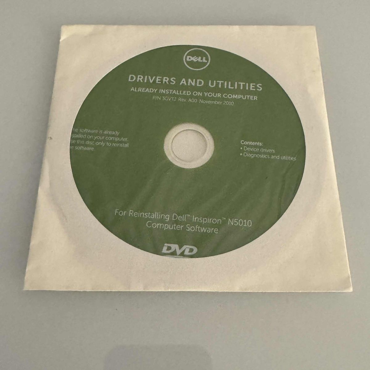 Dell Inspiron N5010 Drivers/Utilities Software CD -P/N #3GVTJ/0J0C15 -Reinstall