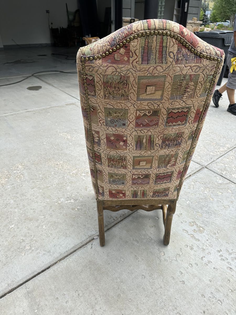 Bausman and Co Upholstered Dining Chair with Nailhead Trim & Geometric Pattern - Ornate Wood Frame