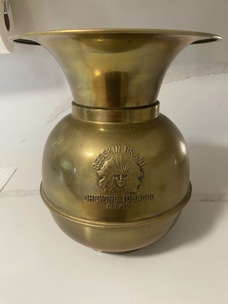Vintage Redskin Brand Chewing Tobacco Cut Plug Brass Advertising Spittoon