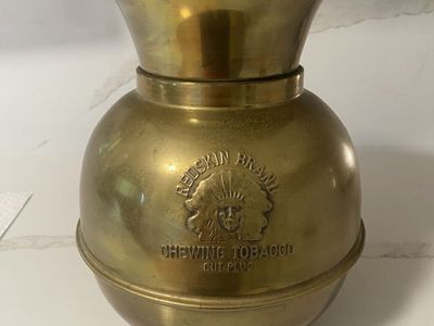 Vintage Redskin Brand Chewing Tobacco Cut Plug Brass Advertising Spittoon